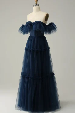 A-Line Off the Shoulder Sweetheart Tulle Navy Long Prom Dress
