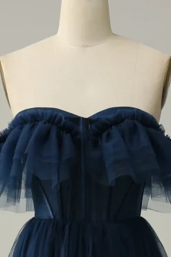 A-Line Off the Shoulder Sweetheart Tulle Navy Long Prom Dress