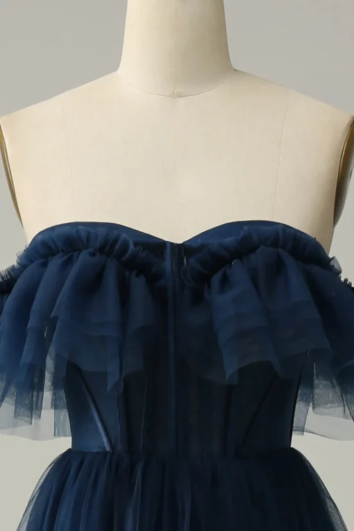 A-Line Off the Shoulder Sweetheart Tulle Navy Long Prom Dress