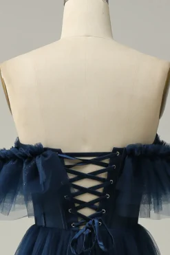 A-Line Off the Shoulder Sweetheart Tulle Navy Long Prom Dress