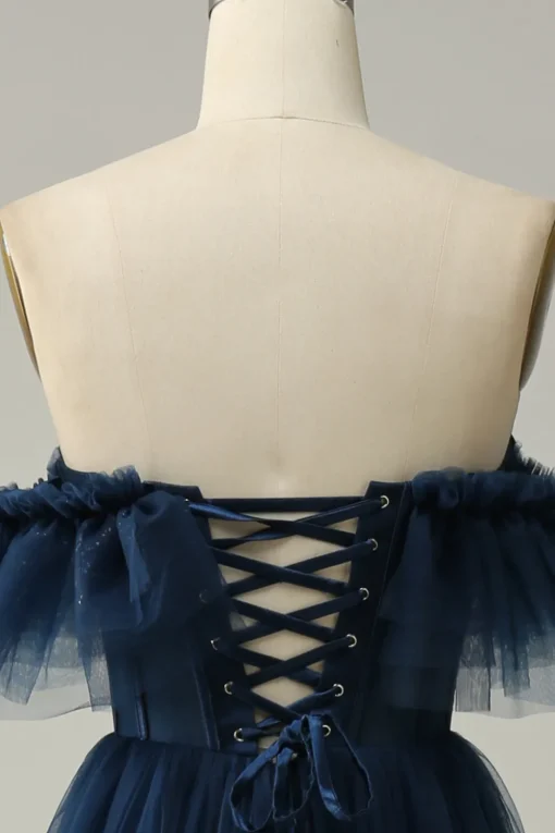 A-Line Off the Shoulder Sweetheart Tulle Navy Long Prom Dress