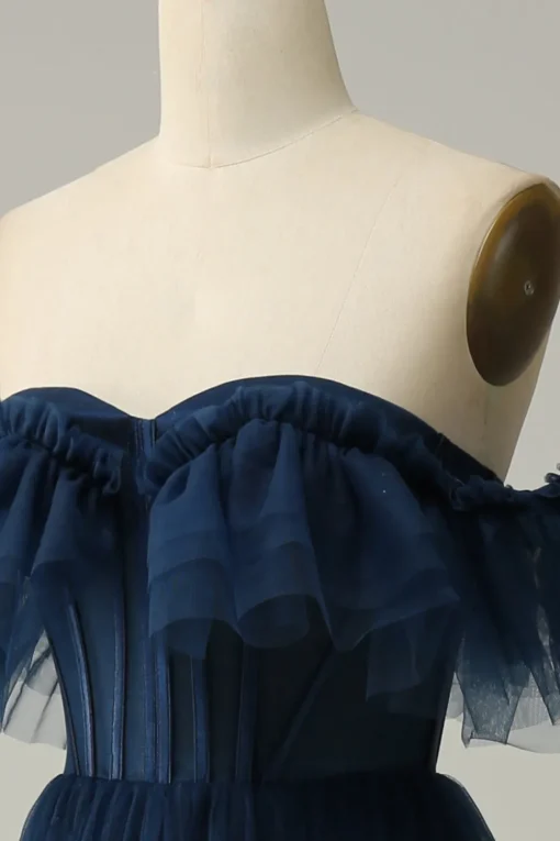 A-Line Off the Shoulder Sweetheart Tulle Navy Long Prom Dress