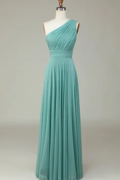 A-Line One Shoulder Sea Glass Long Bridesmaid Dress