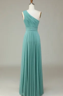 A-Line One Shoulder Sea Glass Long Bridesmaid Dress