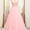 A-line Pink Strapless Tiered Corset Prom Dress with Appliques