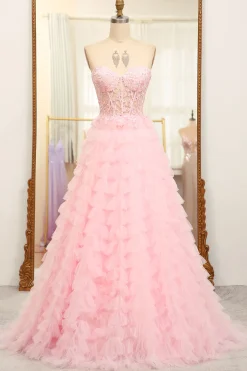 A-line Pink Strapless Tiered Corset Prom Dress with Appliques