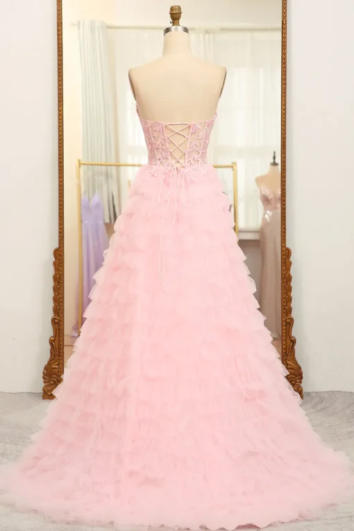 A-line Pink Strapless Tiered Corset Prom Dress with Appliques