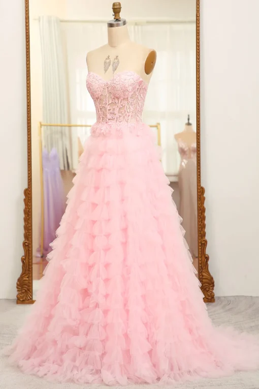 A-line Pink Strapless Tiered Corset Prom Dress with Appliques