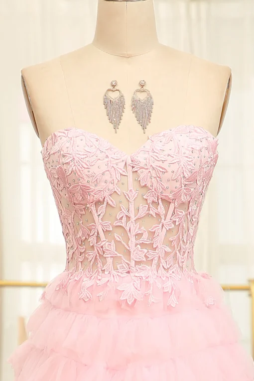 A-line Pink Strapless Tiered Corset Prom Dress with Appliques