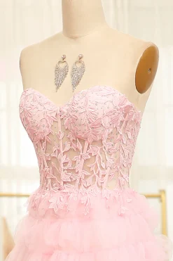A-line Pink Strapless Tiered Corset Prom Dress with Appliques