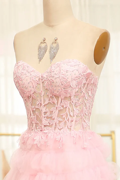 A-line Pink Strapless Tiered Corset Prom Dress with Appliques