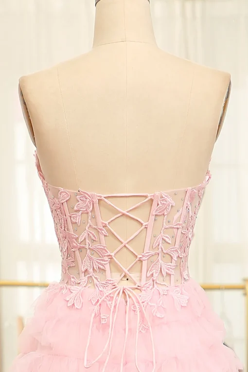 A-line Pink Strapless Tiered Corset Prom Dress with Appliques