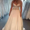 A-Line Satin Sweetheart White Long Simple Wedding Dress with Beading