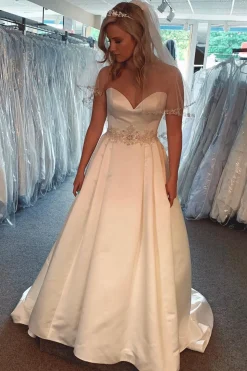 A-Line Satin Sweetheart White Long Simple Wedding Dress with Beading