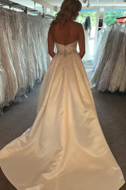 A-Line Satin Sweetheart White Long Simple Wedding Dress with Beading