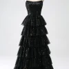 A-Line Sequins Black Tiered Prom Dress with Slit