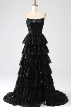 A-Line Sequins Black Tiered Prom Dress with Slit