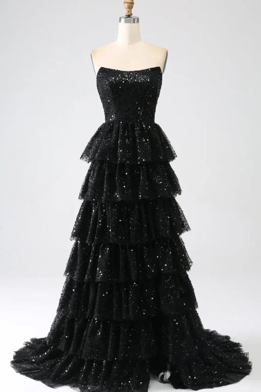 A-Line Sequins Black Tiered Prom Dress with Slit