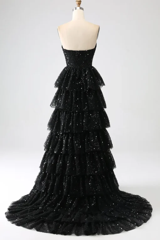 A-Line Sequins Black Tiered Prom Dress with Slit