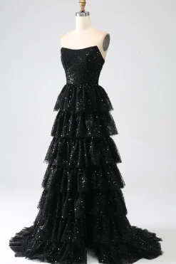 A-Line Sequins Black Tiered Prom Dress with Slit