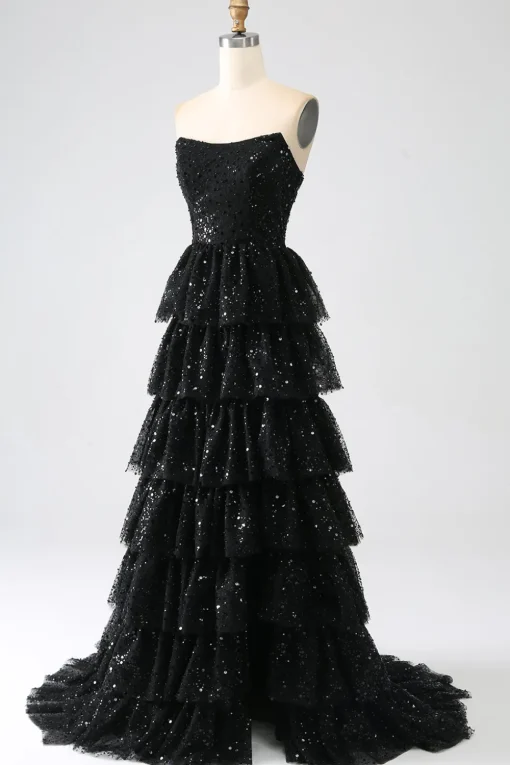 A-Line Sequins Black Tiered Prom Dress with Slit