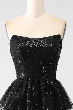 A-Line Sequins Black Tiered Prom Dress with Slit