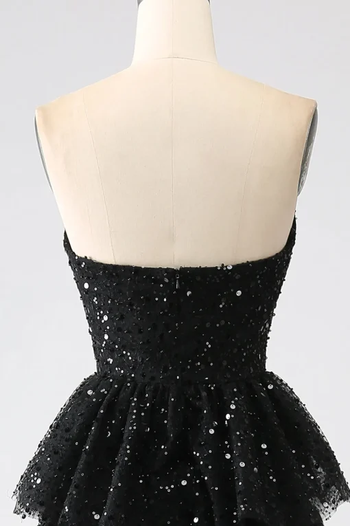 A-Line Sequins Black Tiered Prom Dress with Slit