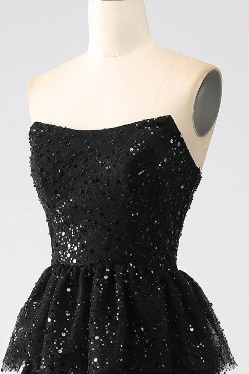 A-Line Sequins Black Tiered Prom Dress with Slit