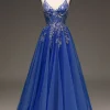 A-Line Sequins Royal Blue Prom Dress with Appliques