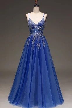 A-Line Sequins Royal Blue Prom Dress with Appliques