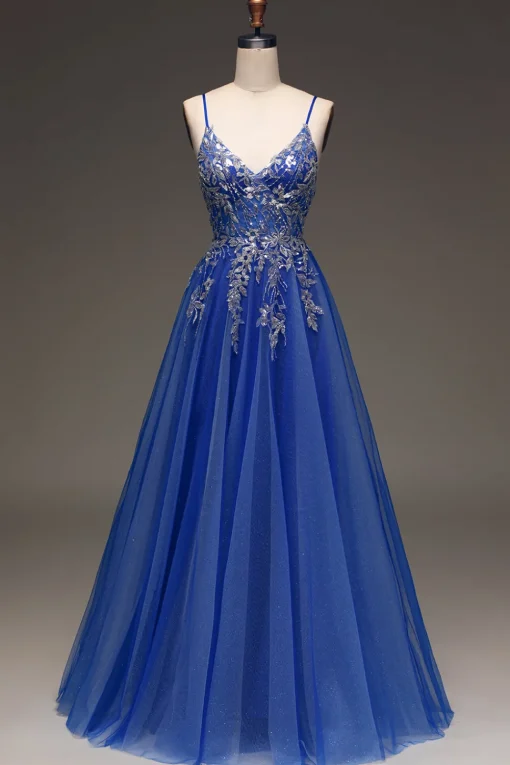 A-Line Sequins Royal Blue Prom Dress with Appliques