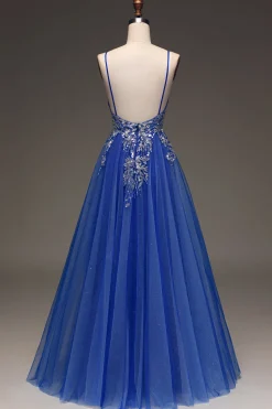 A-Line Sequins Royal Blue Prom Dress with Appliques