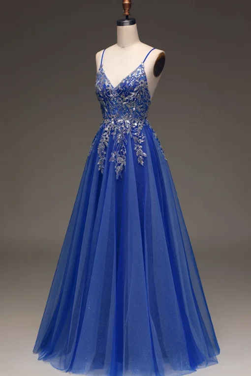 A-Line Sequins Royal Blue Prom Dress with Appliques