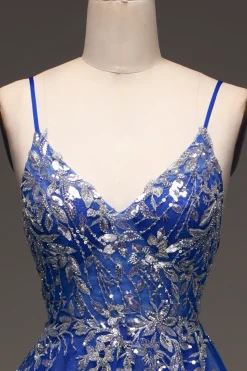 A-Line Sequins Royal Blue Prom Dress with Appliques
