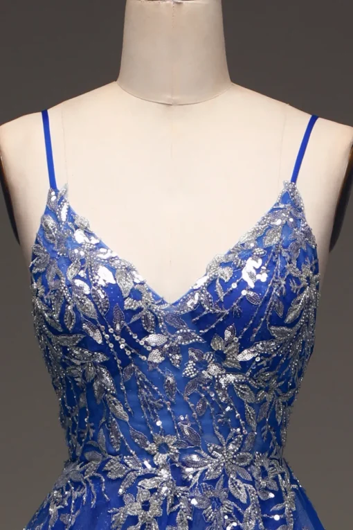 A-Line Sequins Royal Blue Prom Dress with Appliques