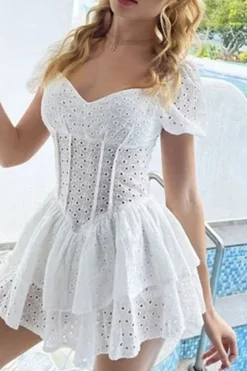 A-Line Short Sleeves Mini White Tiered Summer Graduation Dress