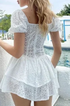 A-Line Short Sleeves Mini White Tiered Summer Graduation Dress