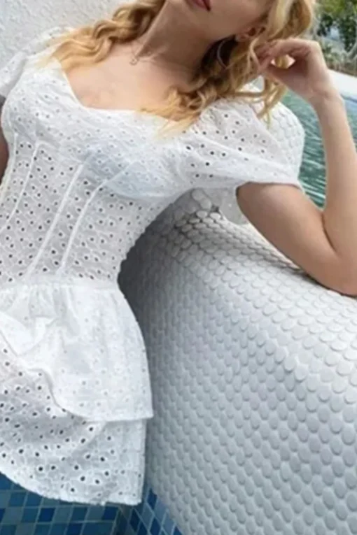 A-Line Short Sleeves Mini White Tiered Summer Graduation Dress