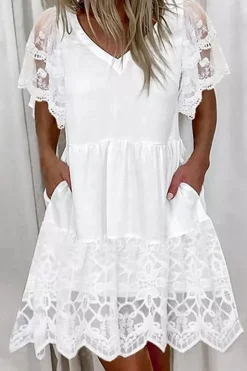 A-Line Short Sleeves White Mini Graduation Dress with Lace