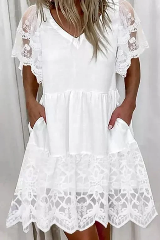 A-Line Short Sleeves White Mini Graduation Dress with Lace