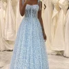 A-Line Sky Blue Printed Spaghetti Straps Corset Prom Dress