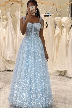 A-Line Sky Blue Printed Spaghetti Straps Corset Prom Dress