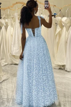 A-Line Sky Blue Printed Spaghetti Straps Corset Prom Dress