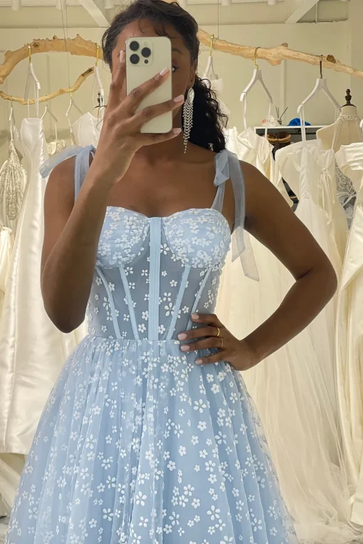 A-Line Sky Blue Printed Spaghetti Straps Corset Prom Dress