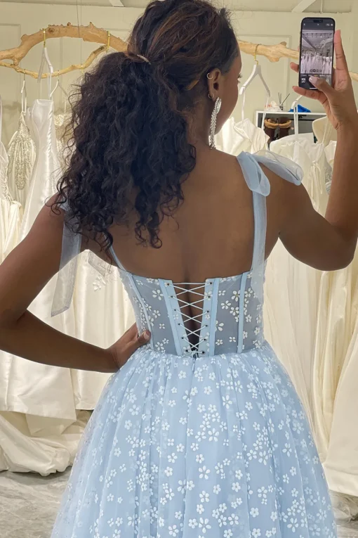 A-Line Sky Blue Printed Spaghetti Straps Corset Prom Dress