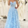 A-Line Sky Blue Spaghetti Straps Lace Corset Prom Dress