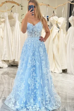 A-Line Sky Blue Spaghetti Straps Lace Corset Prom Dress