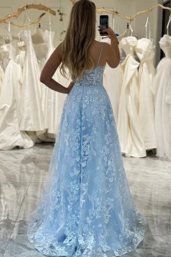 A-Line Sky Blue Spaghetti Straps Lace Corset Prom Dress