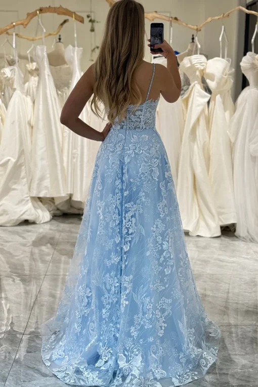 A-Line Sky Blue Spaghetti Straps Lace Corset Prom Dress