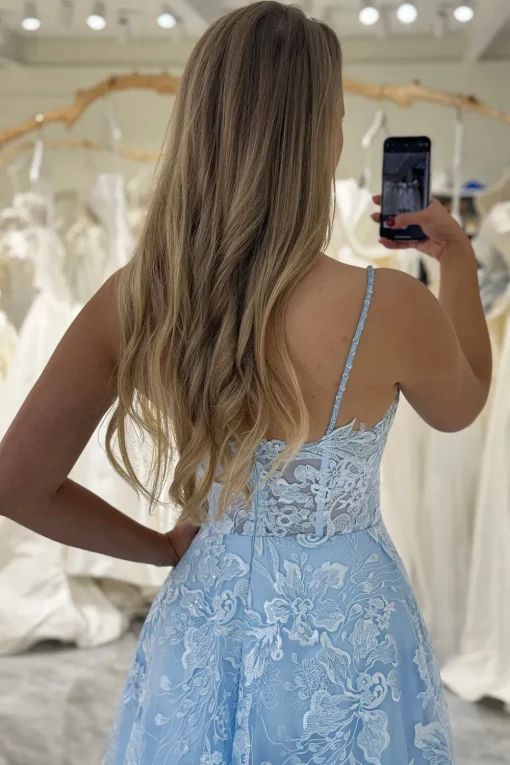 A-Line Sky Blue Spaghetti Straps Lace Corset Prom Dress